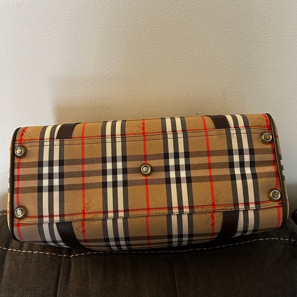 Burberry Haymarket Boston Tan Duffel with Brown Leather Trim 10H x 19W inches - Picture 8 of 15